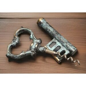 Vintage Brass Key Shaped Wine Key & Bottle Opener Green Patina Finish 5.5"